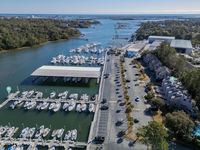 drone / aerial view with a water view