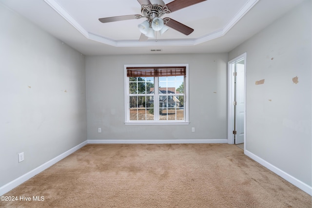 carpeted spare room with ceiling fan, a raised ceiling, and ornamental molding