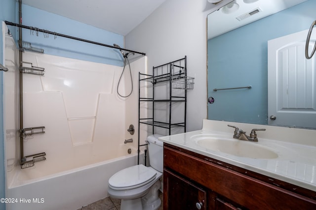 full bathroom with toilet, tile patterned floors, vanity, and bathing tub / shower combination