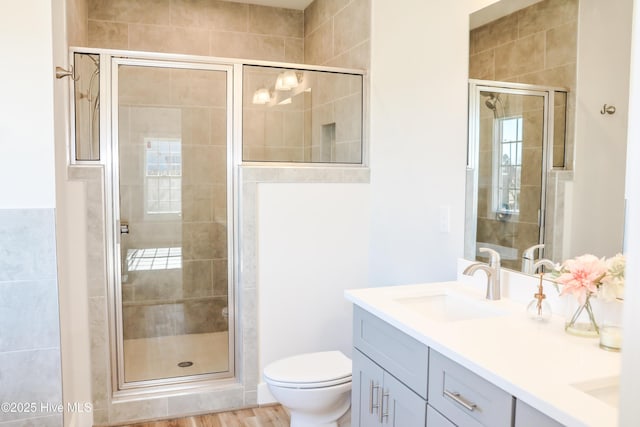 bathroom with hardwood / wood-style floors, vanity, toilet, and a shower with door