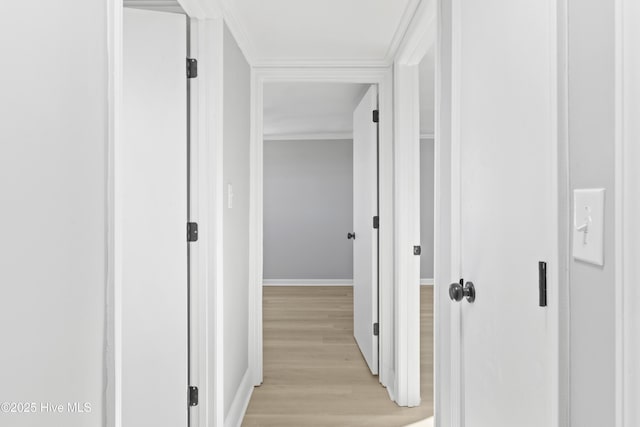 corridor with crown molding and light wood-type flooring