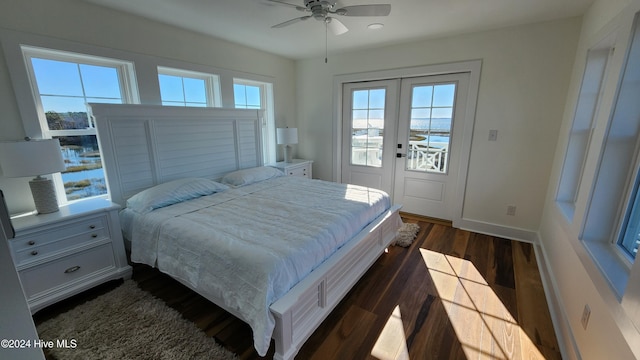 bedroom featuring french doors, access to outside, ceiling fan, and dark wood-type flooring