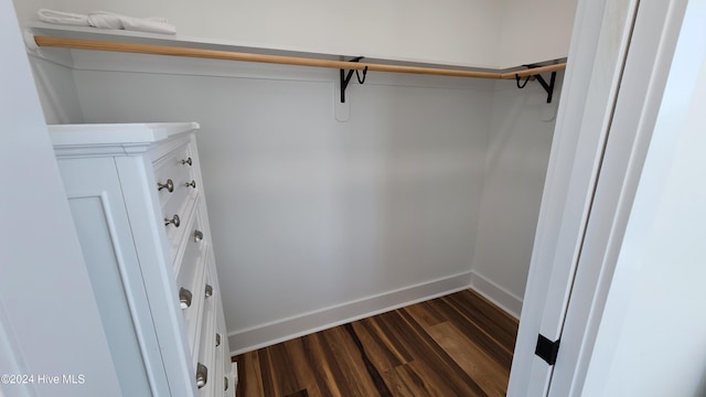 walk in closet with dark wood-type flooring