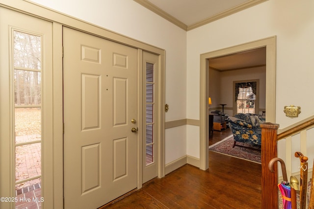 entrance foyer featuring dark hardwood / wood-style flooring and ornamental molding