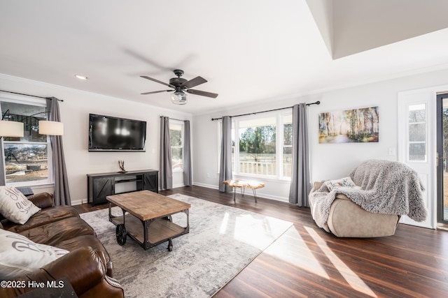 living room featuring ceiling fan and dark wood-type flooring