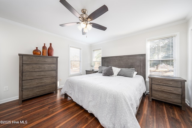 bedroom featuring ceiling fan, dark hardwood / wood-style floors, and ornamental molding