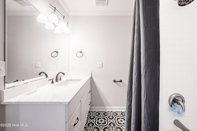 bathroom featuring tile patterned flooring, vanity, crown molding, and shower / tub combo