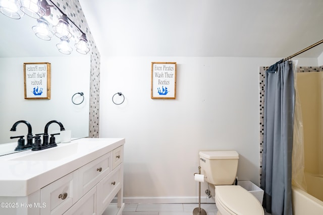 full bathroom featuring tile patterned flooring, shower / tub combo, vanity, and toilet