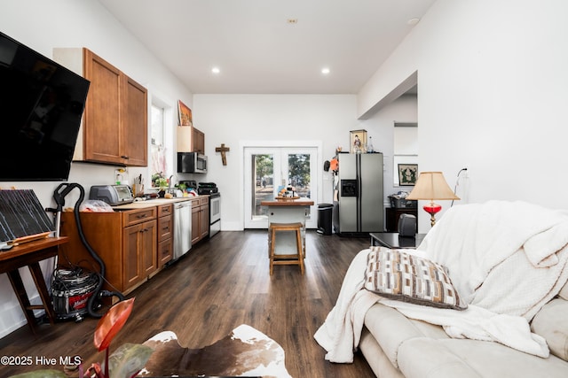 kitchen featuring dark hardwood / wood-style flooring, stainless steel appliances, and french doors