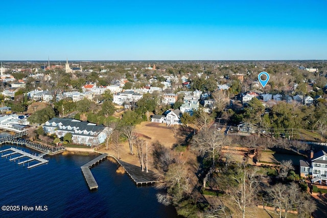 drone / aerial view with a water view