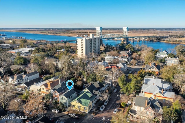 drone / aerial view with a water view