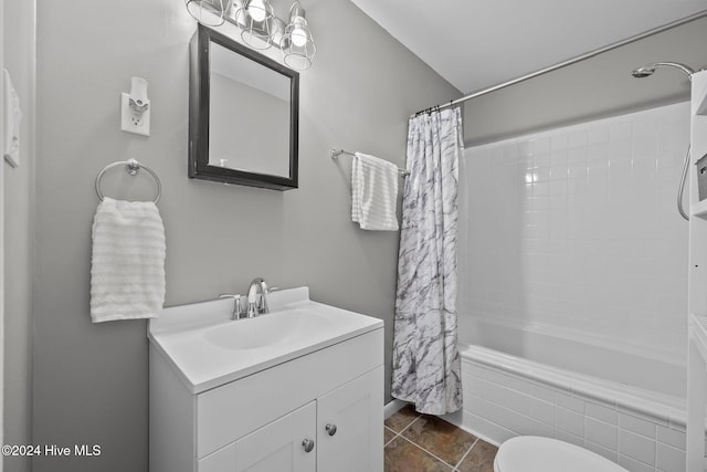 full bathroom featuring shower / bath combination with curtain, vanity, and toilet