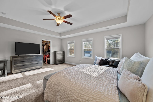 bedroom featuring a raised ceiling, ceiling fan, a spacious closet, light colored carpet, and a closet