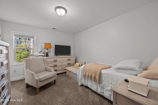 bedroom with dark colored carpet