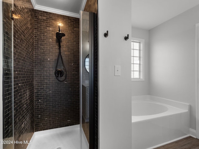 bathroom featuring ornamental molding and independent shower and bath