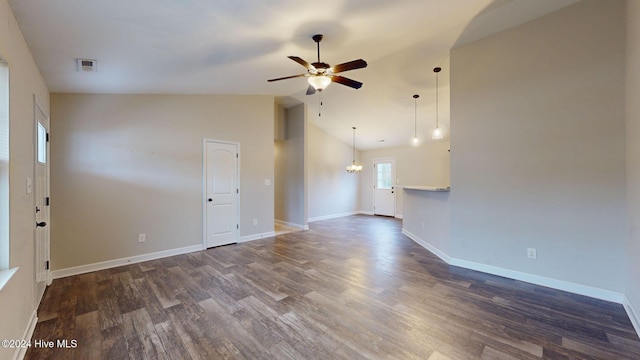 unfurnished living room featuring ceiling fan, dark hardwood / wood-style flooring, and high vaulted ceiling