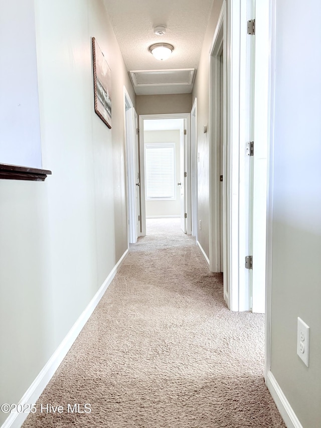 corridor with light colored carpet and a textured ceiling