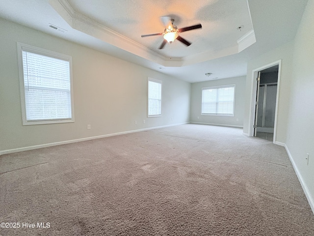 empty room featuring carpet, ceiling fan, ornamental molding, a textured ceiling, and a tray ceiling