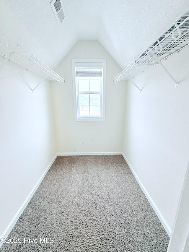 spacious closet featuring carpet flooring and lofted ceiling