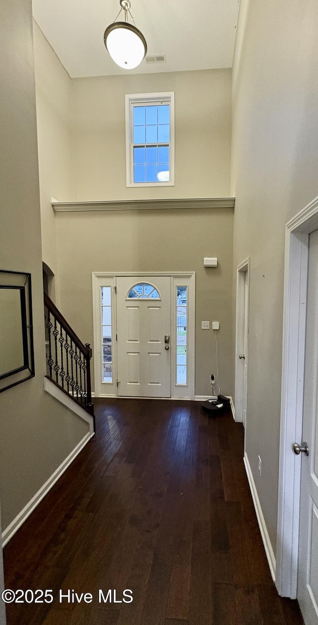 entrance foyer with dark hardwood / wood-style flooring and a high ceiling