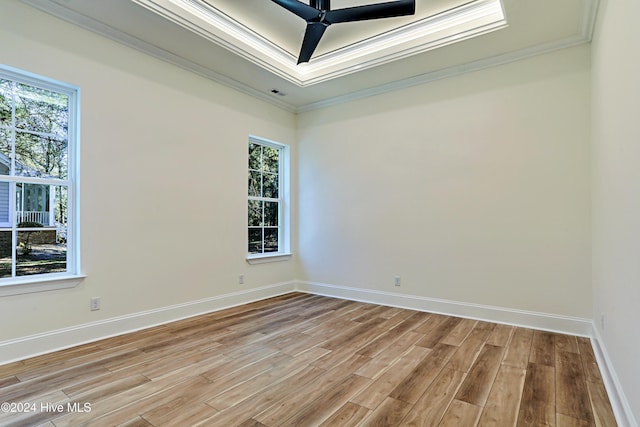 empty room featuring light wood finished floors, a healthy amount of sunlight, a raised ceiling, and crown molding