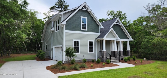 3375 Sandridge Ln SW, Supply, NC 28462 - craftsman house featuring an attached garage, a porch, a front lawn, and concrete driveway