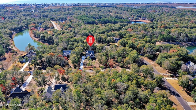 aerial view featuring a water view and a view of trees