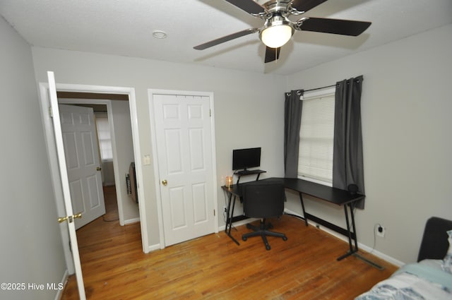 home office featuring ceiling fan and light hardwood / wood-style floors