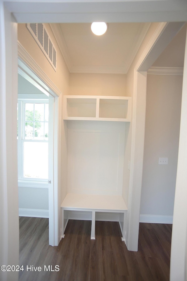 mudroom featuring dark wood-type flooring and ornamental molding