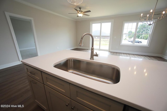 kitchen featuring sink, dark hardwood / wood-style flooring, decorative light fixtures, ceiling fan with notable chandelier, and ornamental molding