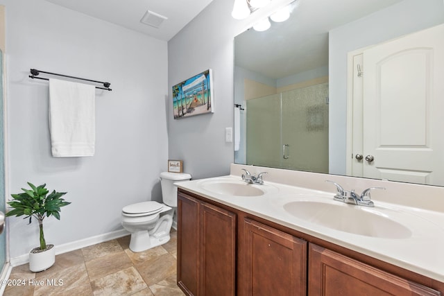 full bathroom with visible vents, a shower stall, toilet, and a sink