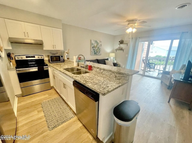 kitchen with sink, ceiling fan, white cabinetry, kitchen peninsula, and stainless steel appliances