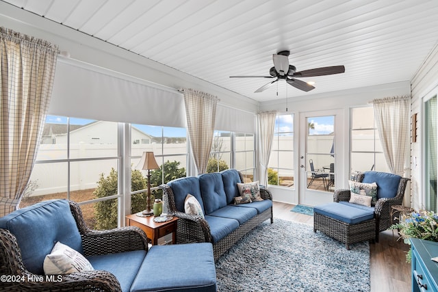 sunroom with ceiling fan and wooden ceiling