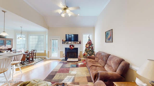 living room with a wealth of natural light, ceiling fan, lofted ceiling, and light wood-type flooring