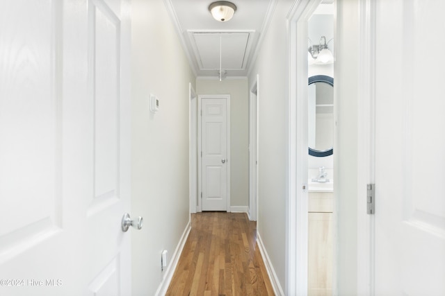 hallway with crown molding and hardwood / wood-style floors