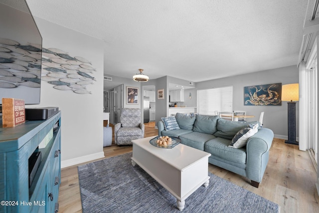 living room with light wood-type flooring and a textured ceiling