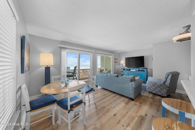 living room featuring light hardwood / wood-style flooring and a textured ceiling