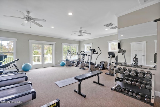 gym featuring french doors, carpet floors, ceiling fan, and crown molding