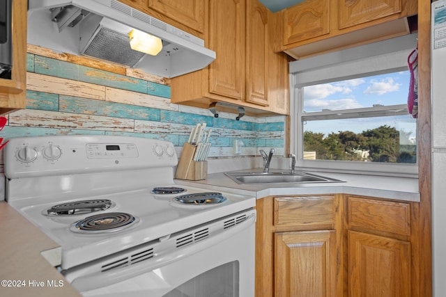 kitchen featuring ventilation hood, backsplash, white electric range, and sink