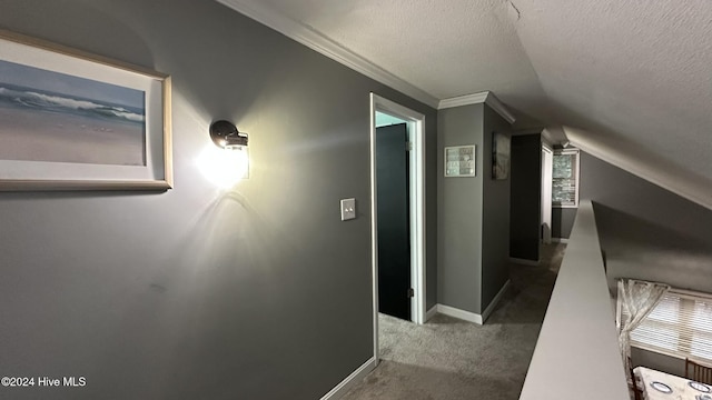 hallway featuring carpet, a textured ceiling, vaulted ceiling, and a healthy amount of sunlight