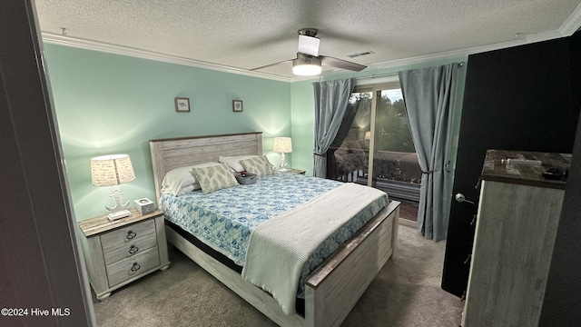 bedroom featuring ceiling fan, crown molding, carpet floors, and a textured ceiling