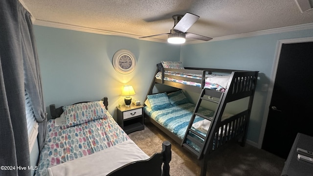 carpeted bedroom featuring a textured ceiling, ceiling fan, and crown molding