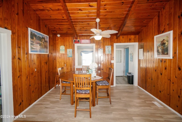 dining space with light hardwood / wood-style floors, ceiling fan, wooden walls, and wood ceiling