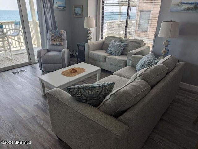 living room featuring a water view and wood-type flooring