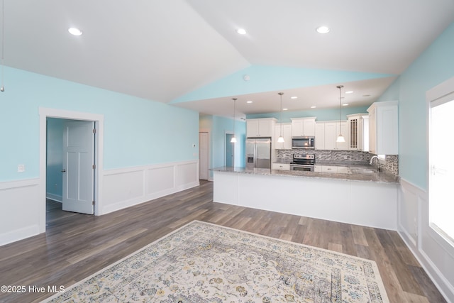 kitchen featuring dark wood finished floors, appliances with stainless steel finishes, wainscoting, and a sink