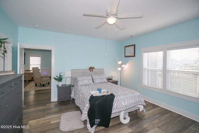 bedroom featuring ceiling fan and dark wood-type flooring