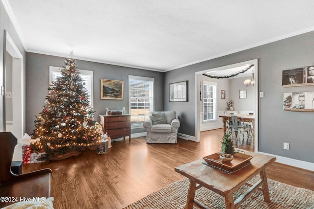 living room featuring crown molding, hardwood / wood-style floors, a textured ceiling, and a notable chandelier