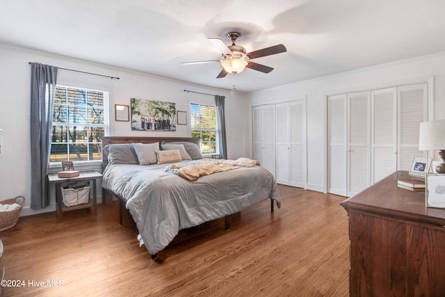 bedroom featuring hardwood / wood-style floors, ceiling fan, ornamental molding, and two closets