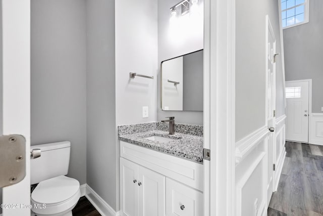 bathroom with vanity, hardwood / wood-style flooring, and toilet