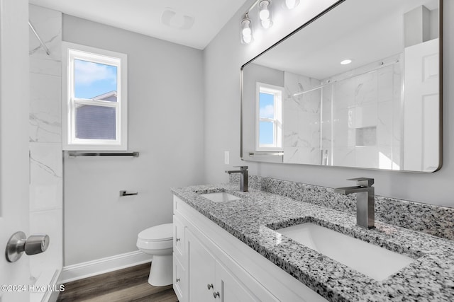 bathroom featuring a shower, vanity, wood-type flooring, and toilet